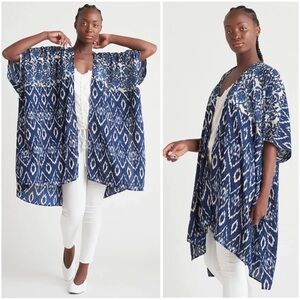 ANTHROPOLOGIE In Our Nature Boho Lightweight Indigo Ikat Beach Cover Up Kimono